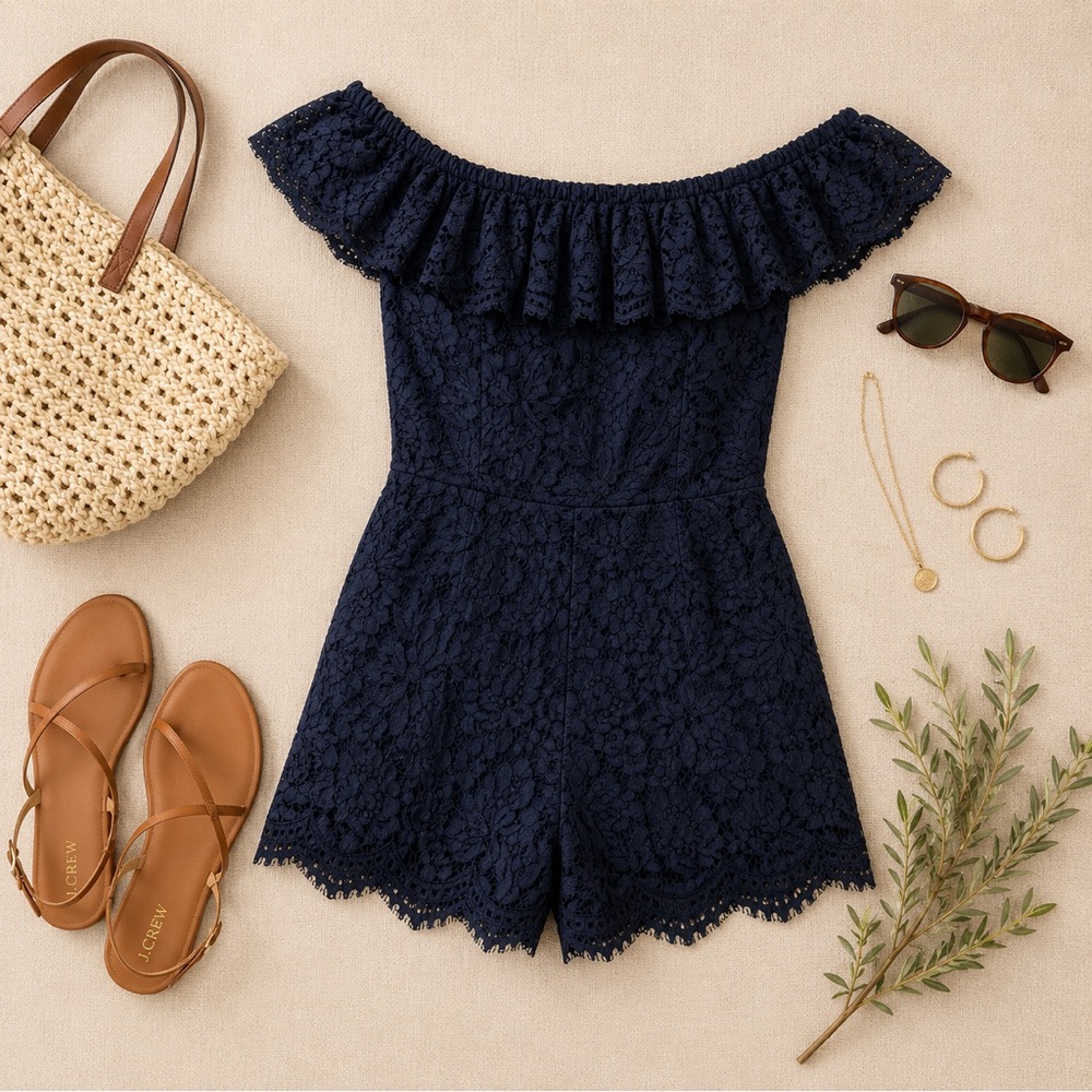 Altar'd State Navy Lace-Trim Off-Shoulder Romper - Picture 2 of 7